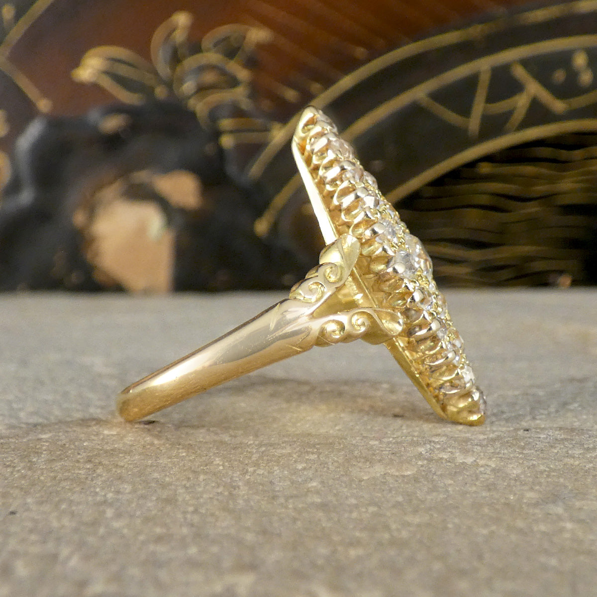 C1900 Antique Diamond Navette Marquise Cluster Ring in 18ct Yellow Gold