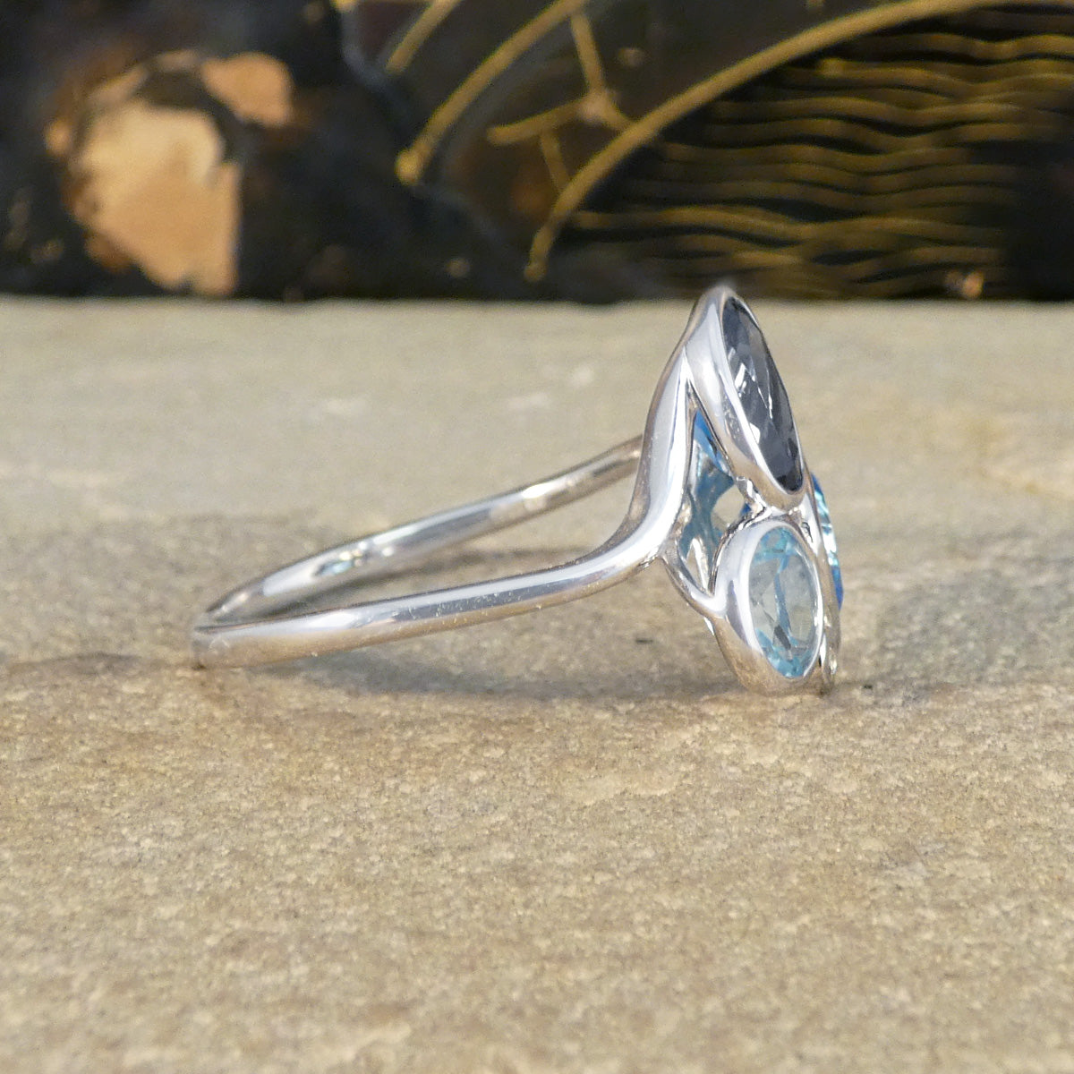 Trio of Blue Topaz and Diamond Cocktail Ring in White Gold