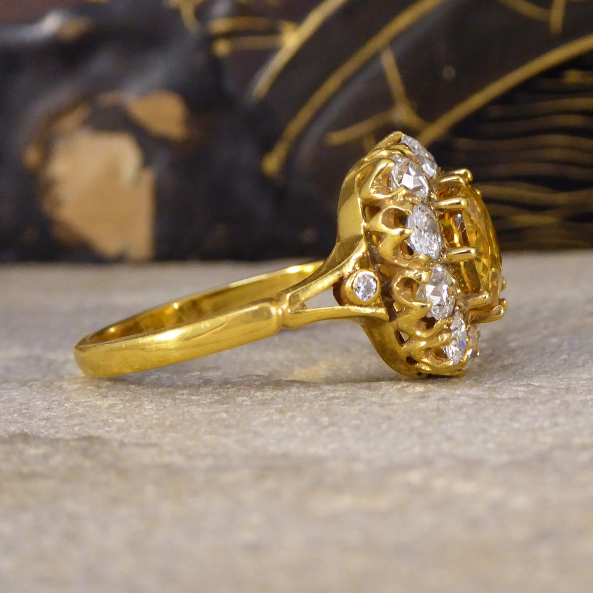 Antique Inspired 2.60ct Yellow Sapphire and Old Cut Diamond Cluster Ring in 18ct Yellow Gold