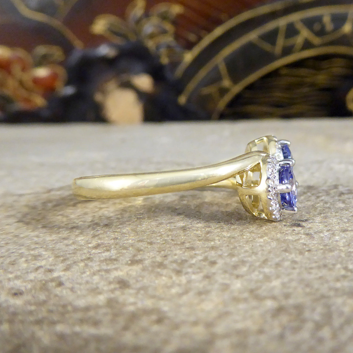 Edwardian Style Tanzanite and Diamond Cluster Toi Et Moi Twist Ring in Yellow and White Gold