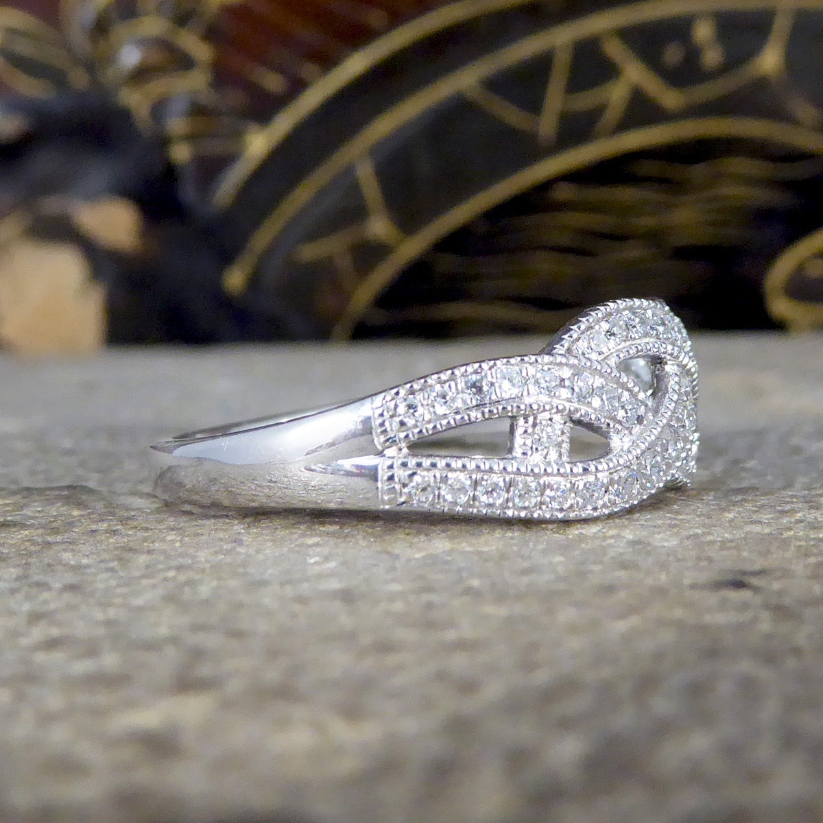 Diamond Set Milgrain Plait Half Eternity Ring in White Gold