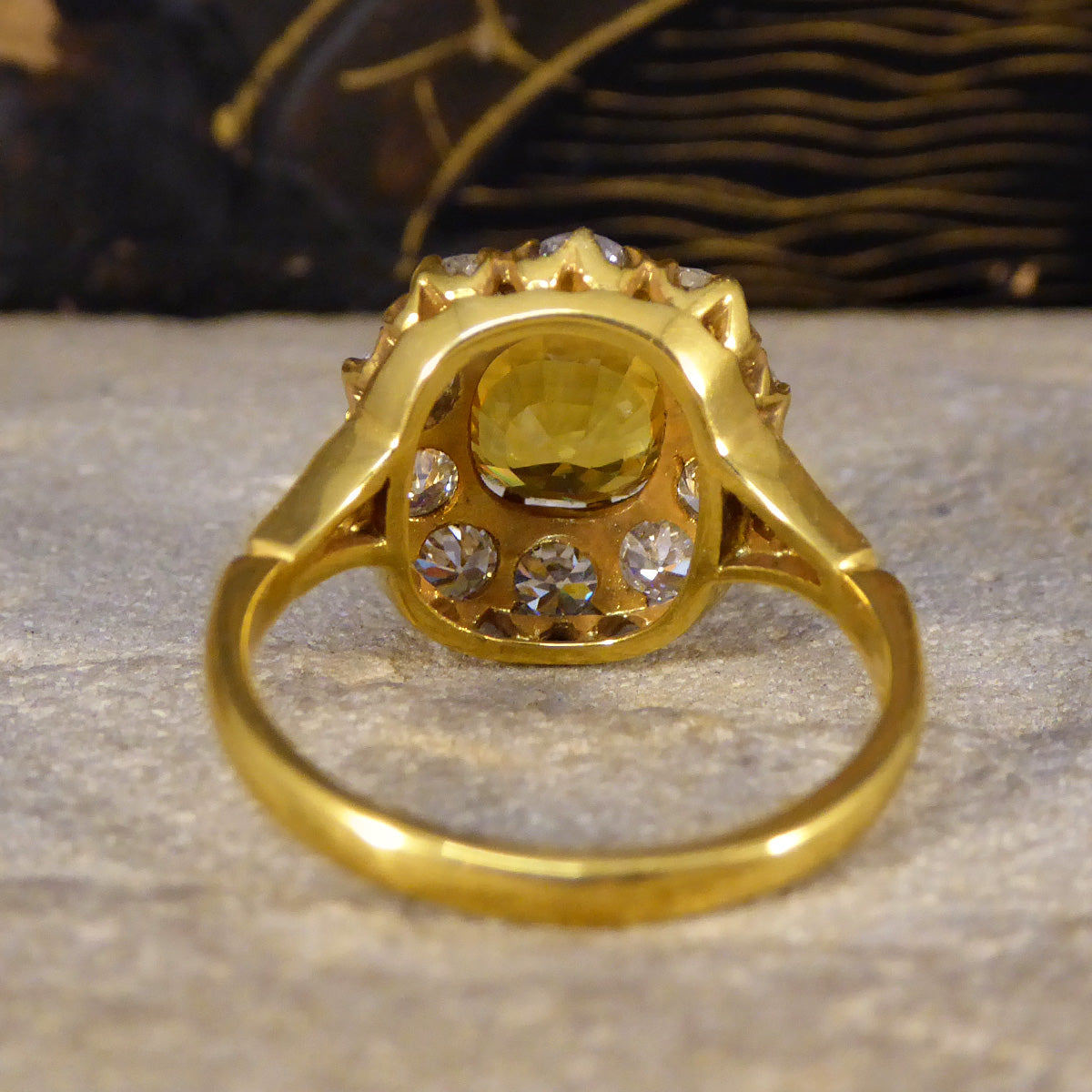 Antique Inspired 2.60ct Yellow Sapphire and Old Cut Diamond Cluster Ring in 18ct Yellow Gold