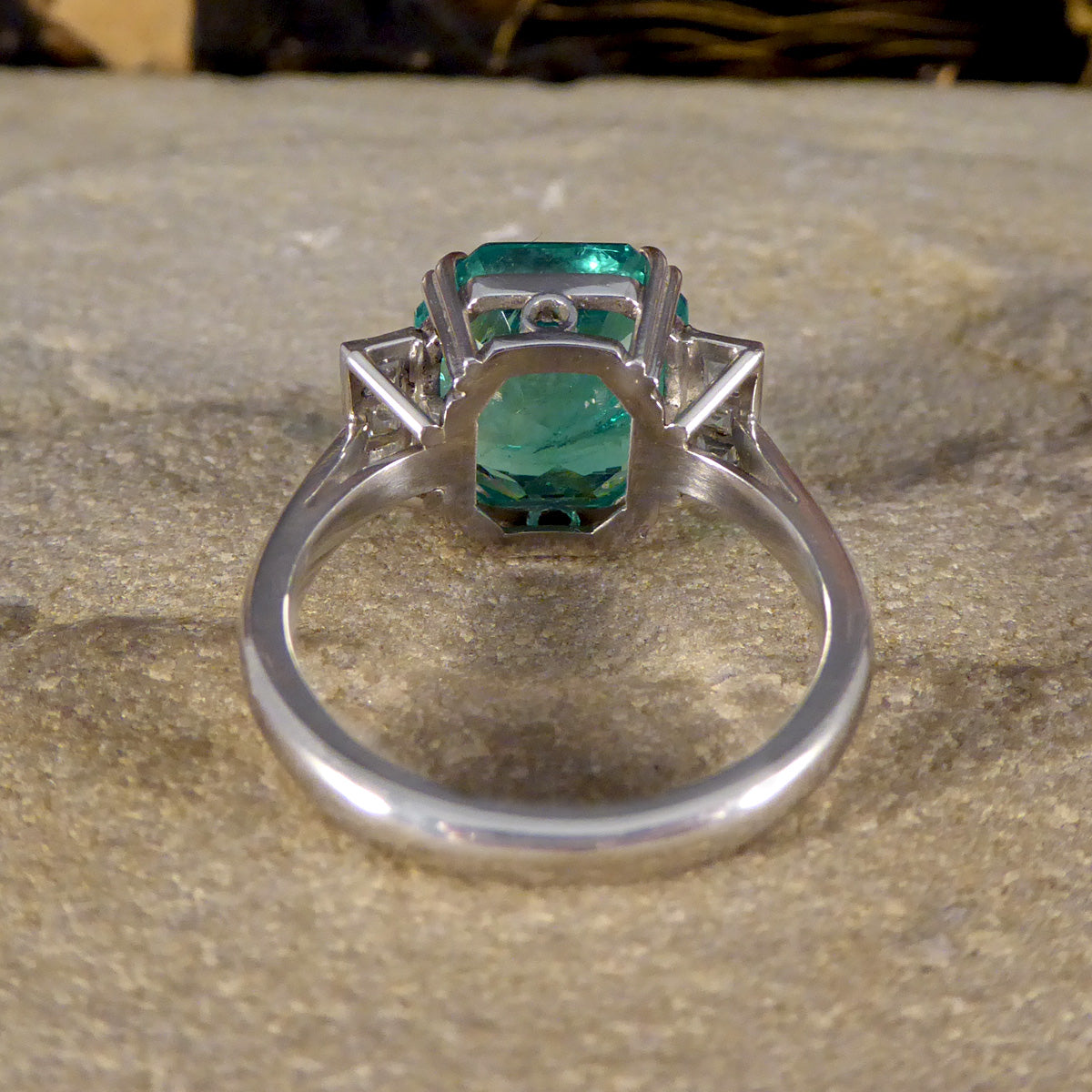 Bright 6.19ct Octagonal Cut Columbian Emerald and Diamond Ring in Platinum with Gem Cert