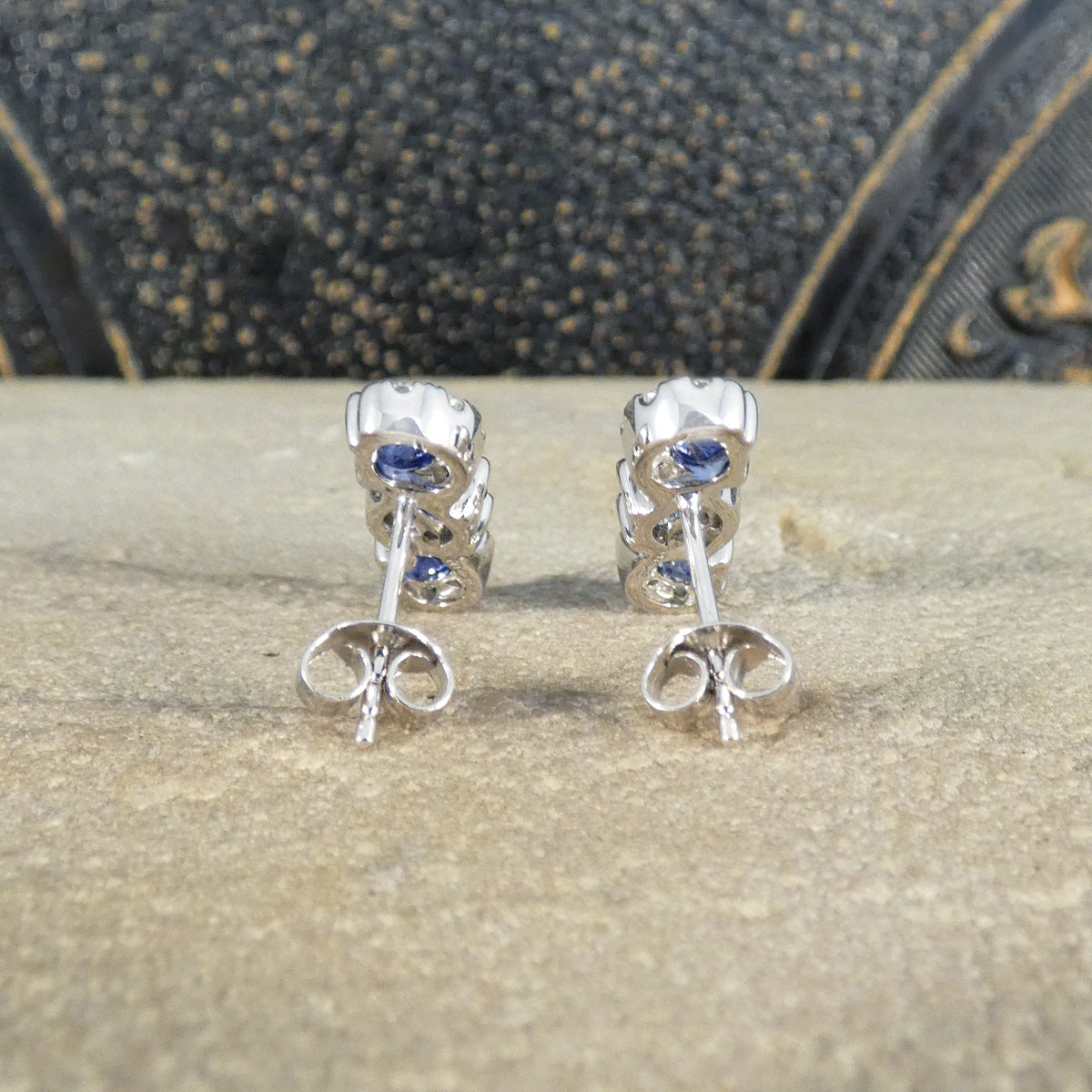 Ceylon Sapphire and Diamond Three Stone Lazy River Earrings in Platinum