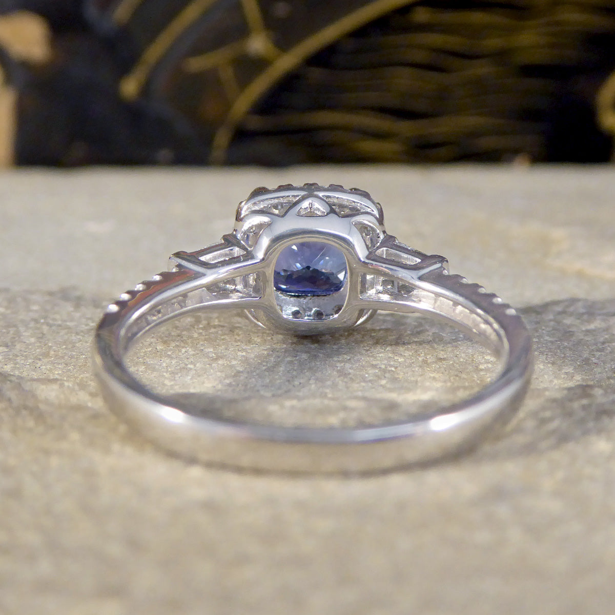 Cushion Cut Tanzanite and Diamond Cluster Ring with Tapered Baguette Shoulders in Platinum