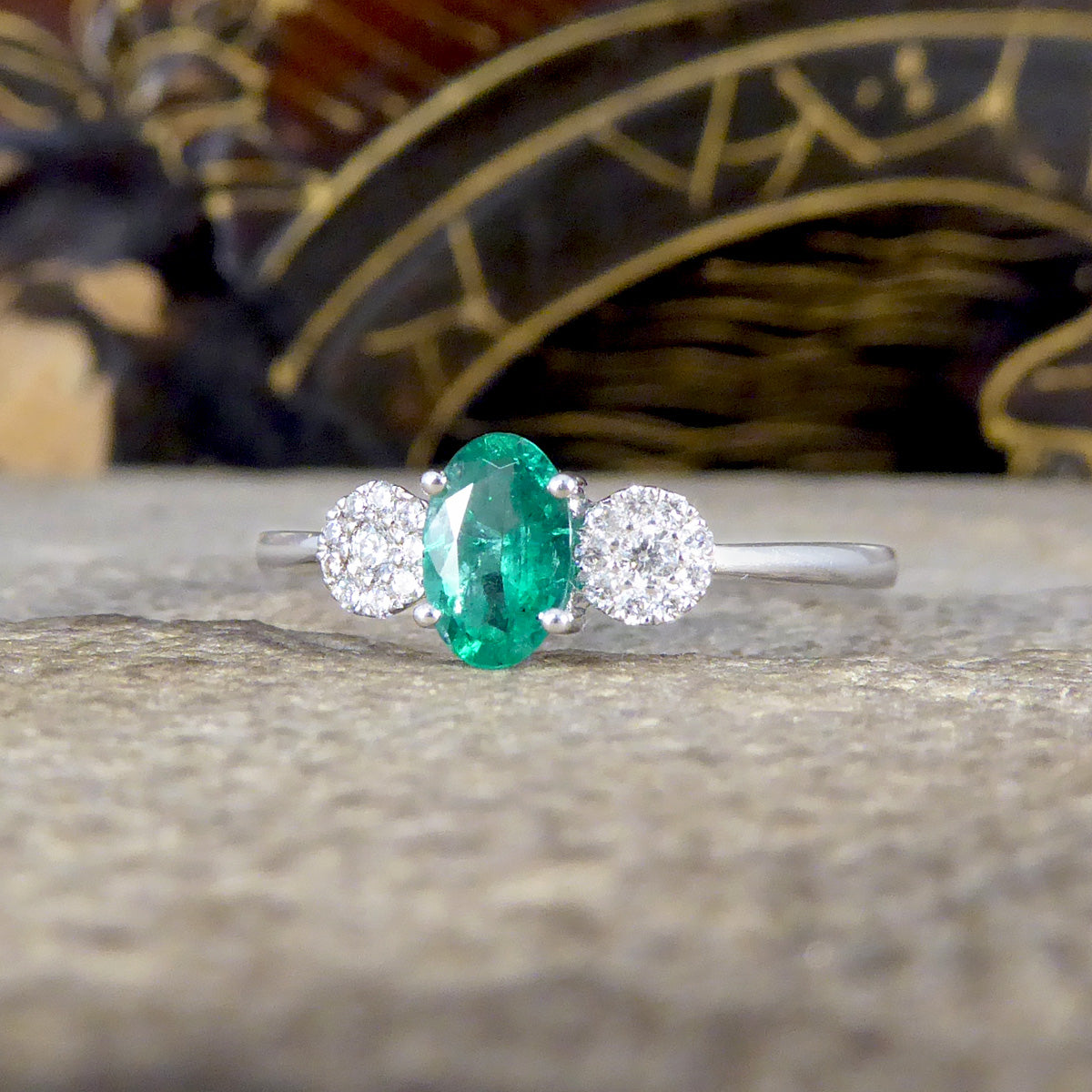 Emerald and Diamond Illusion Three Stone Ring in 18ct White Gold