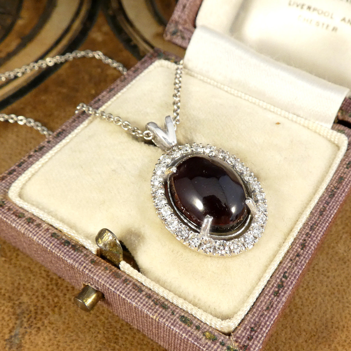 Cabochon Garnet and Diamond Halo Pendant Necklace in 18ct White Gold