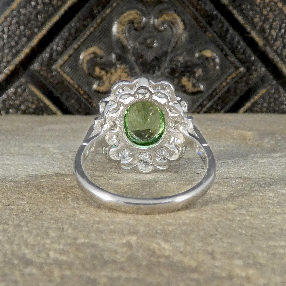 Edwardian Style 2.51ct Green Garnet and 1.20ct Diamond Cluster Ring in Platinum