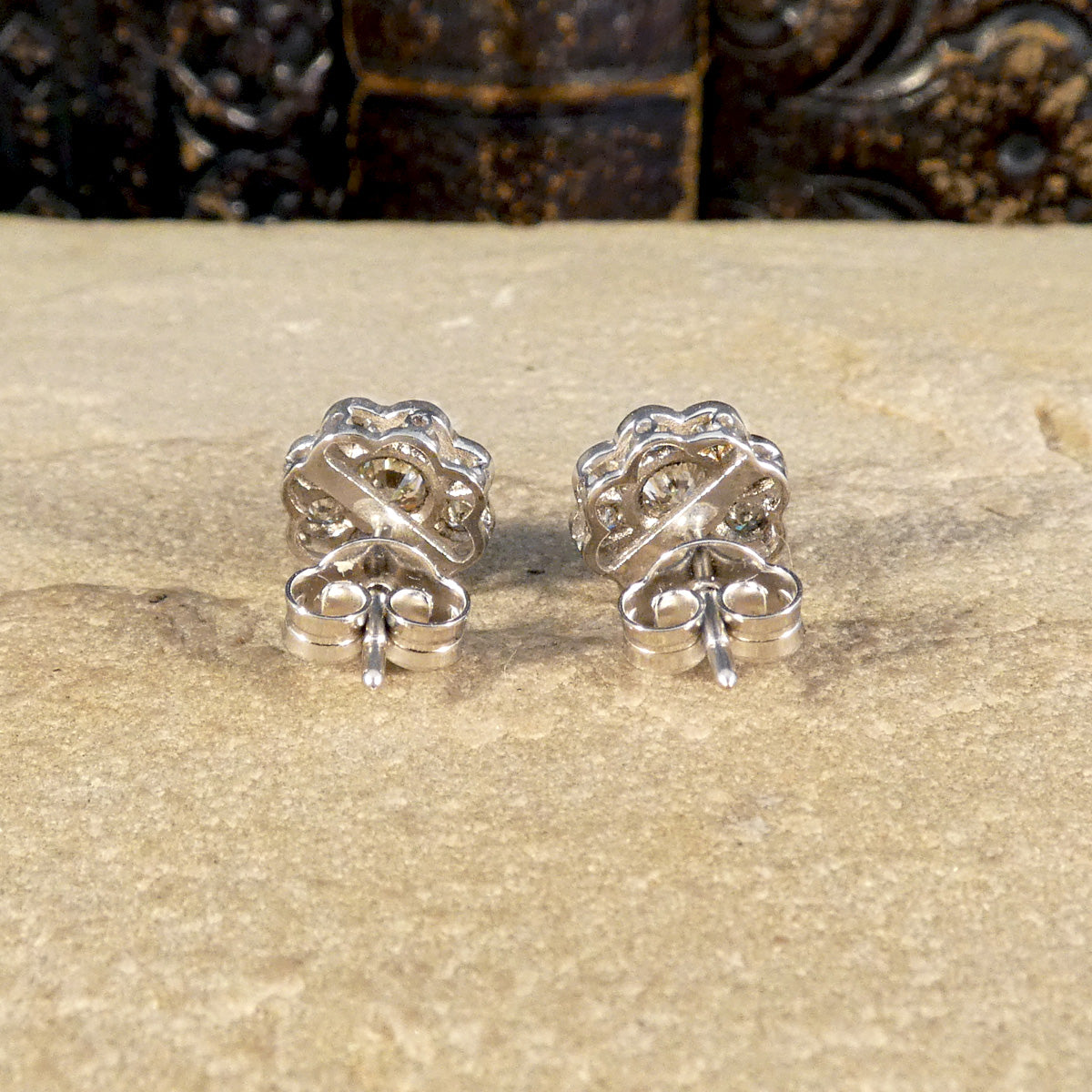 Edwardian Style Diamond Flower Cluster Stud Earrings in 18ct White Gold