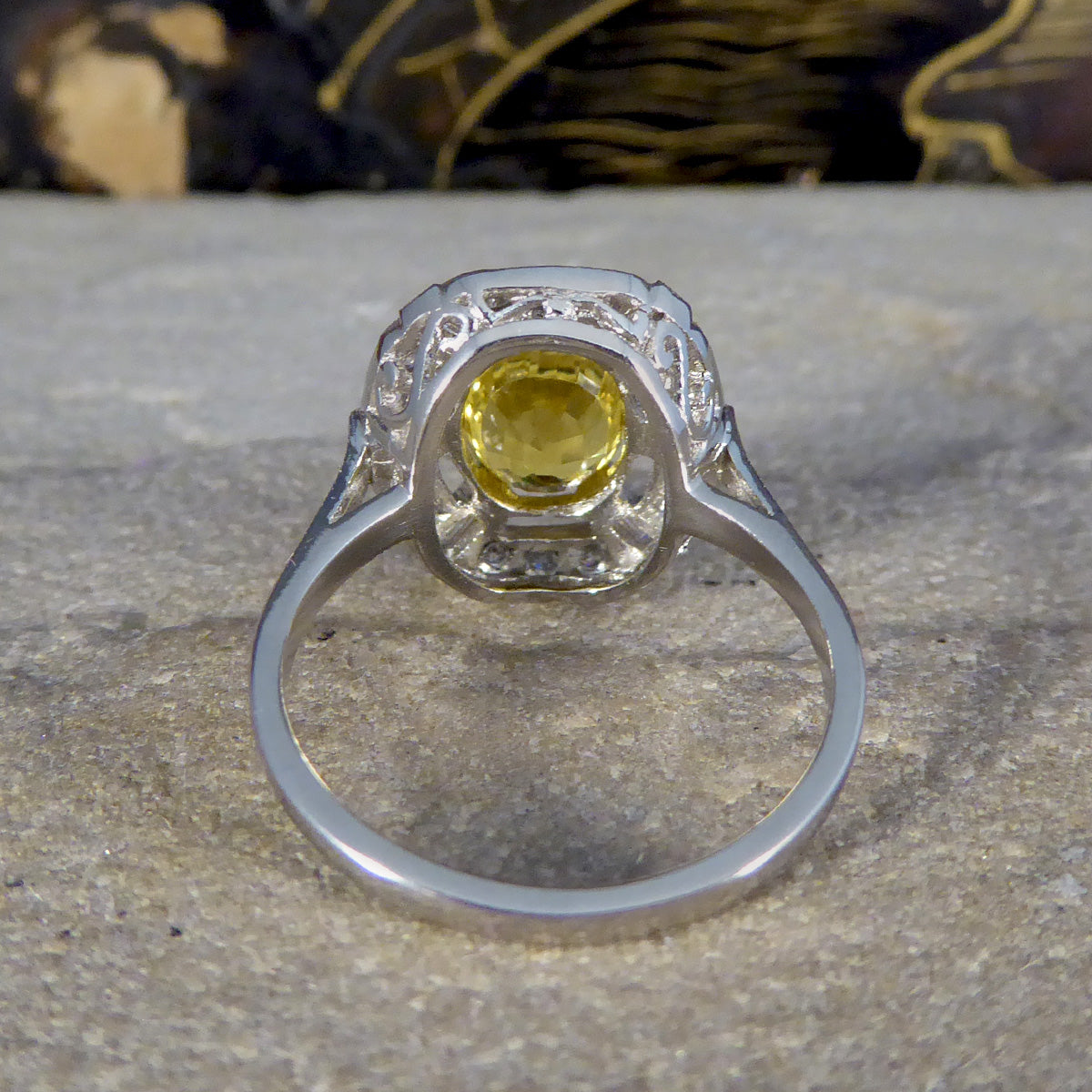 Art Deco Inspired Yellow Sapphire and Diamond Sunshine Cluster Ring in Platinum