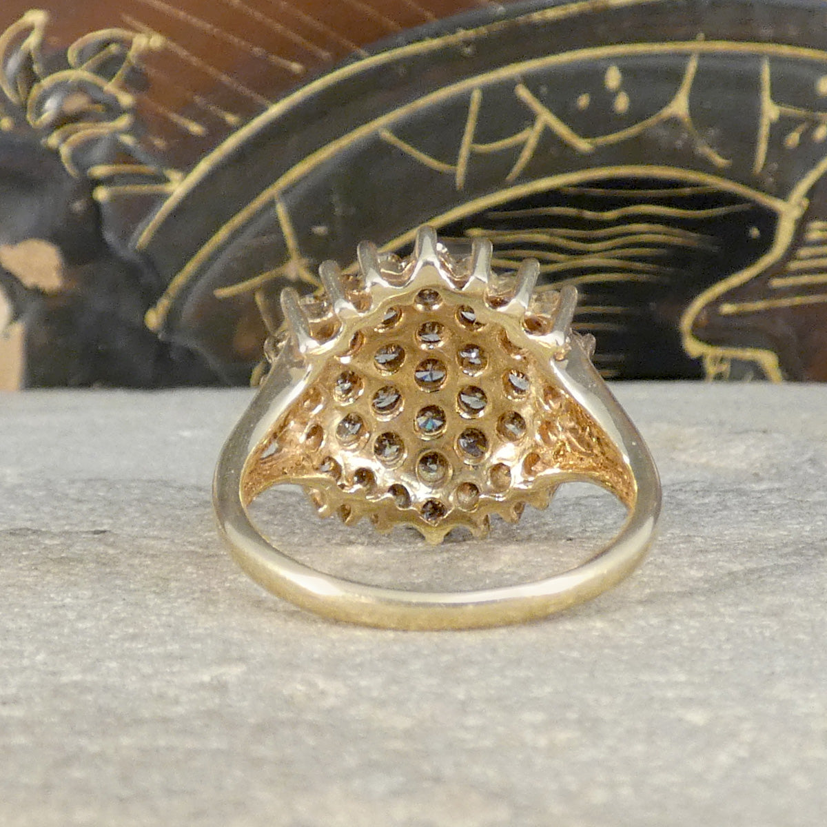 Back view of diamond cluster cocktail ring in 9ct yellow gold.