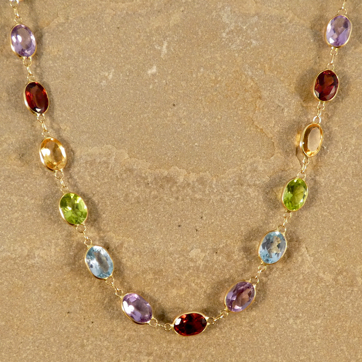 Multi Gem Colourful Bezel Set Necklace in 18ct Yellow Gold