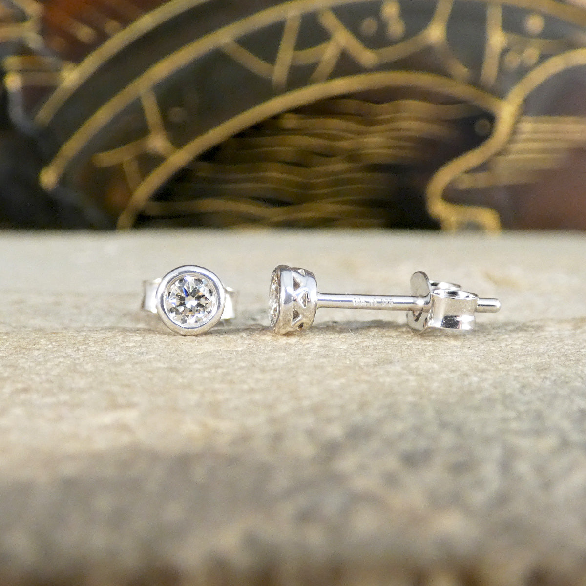 Bezel Set Diamond Stud Earrings in White Gold