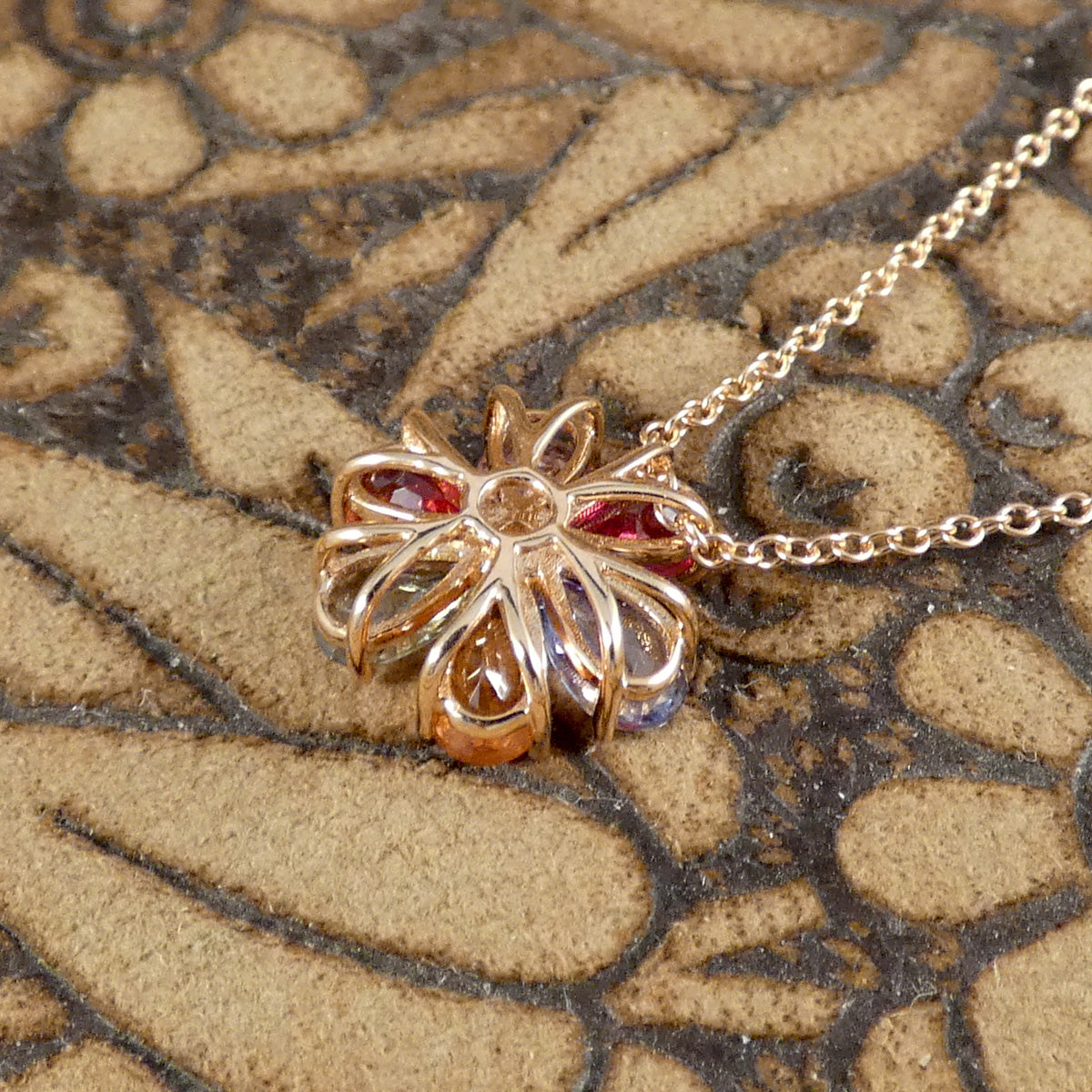 back view of Multi Coloured Sapphire and Diamond Flower Cluster Pendant Necklace in 18ct Rose Gold. Bursts of colour is a dainty and elegant necklace.