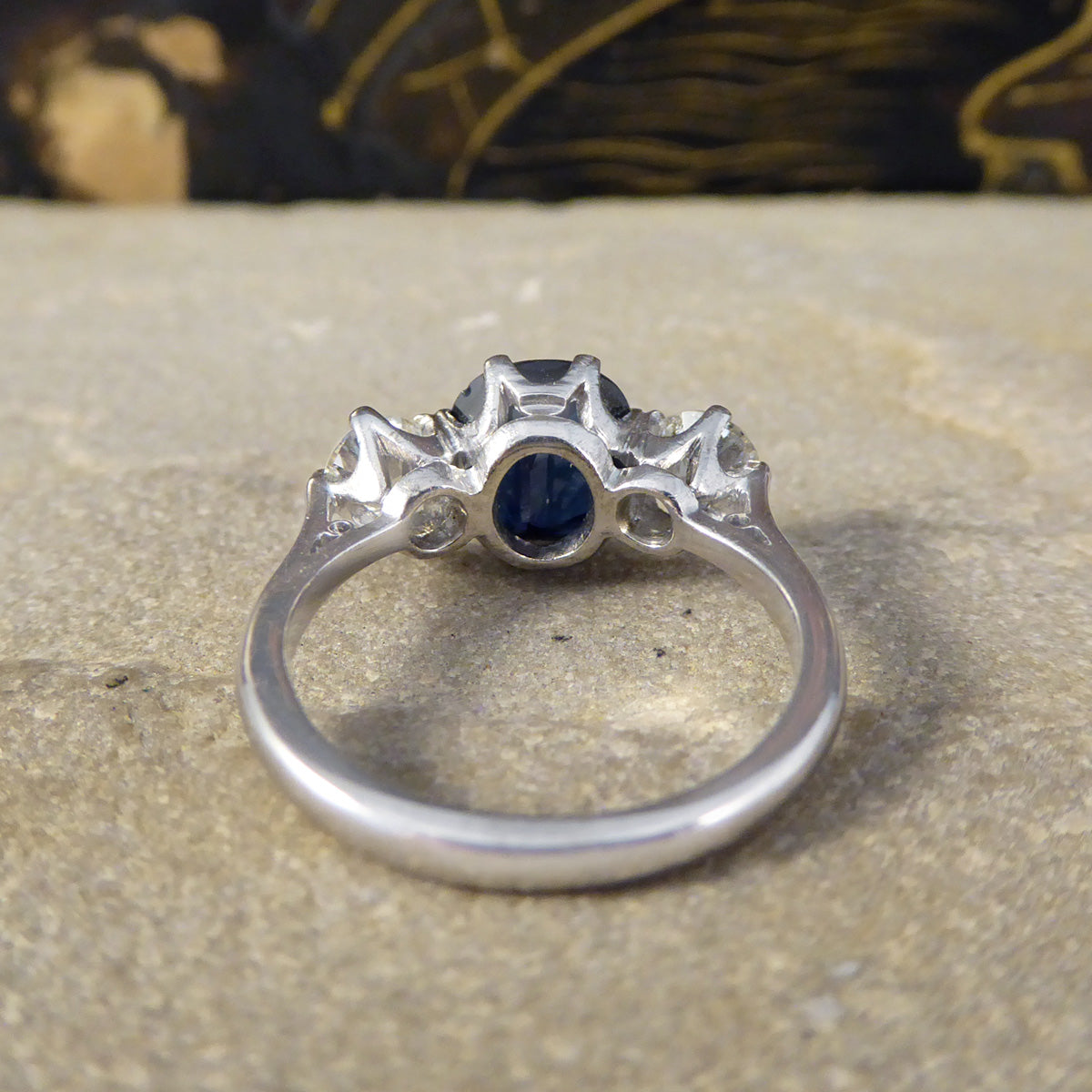 C1920s Deep Sapphire and Diamond Trilogy Ring in 18ct White Gold and Platinum