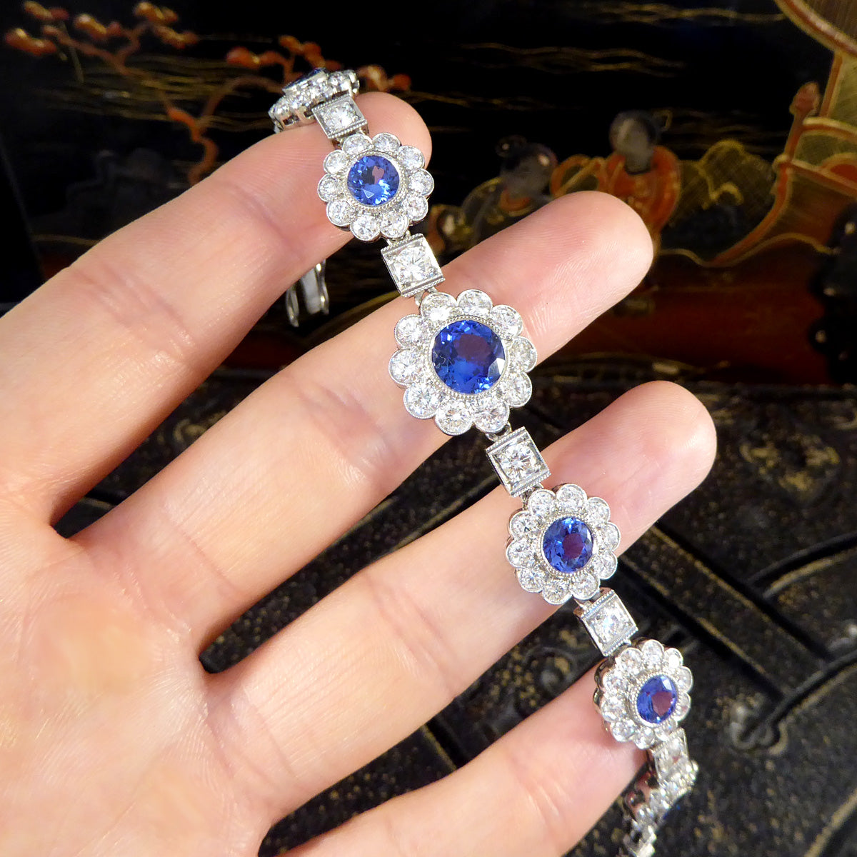 Tanzanite and Diamond Cluster Bracelet in Platinum