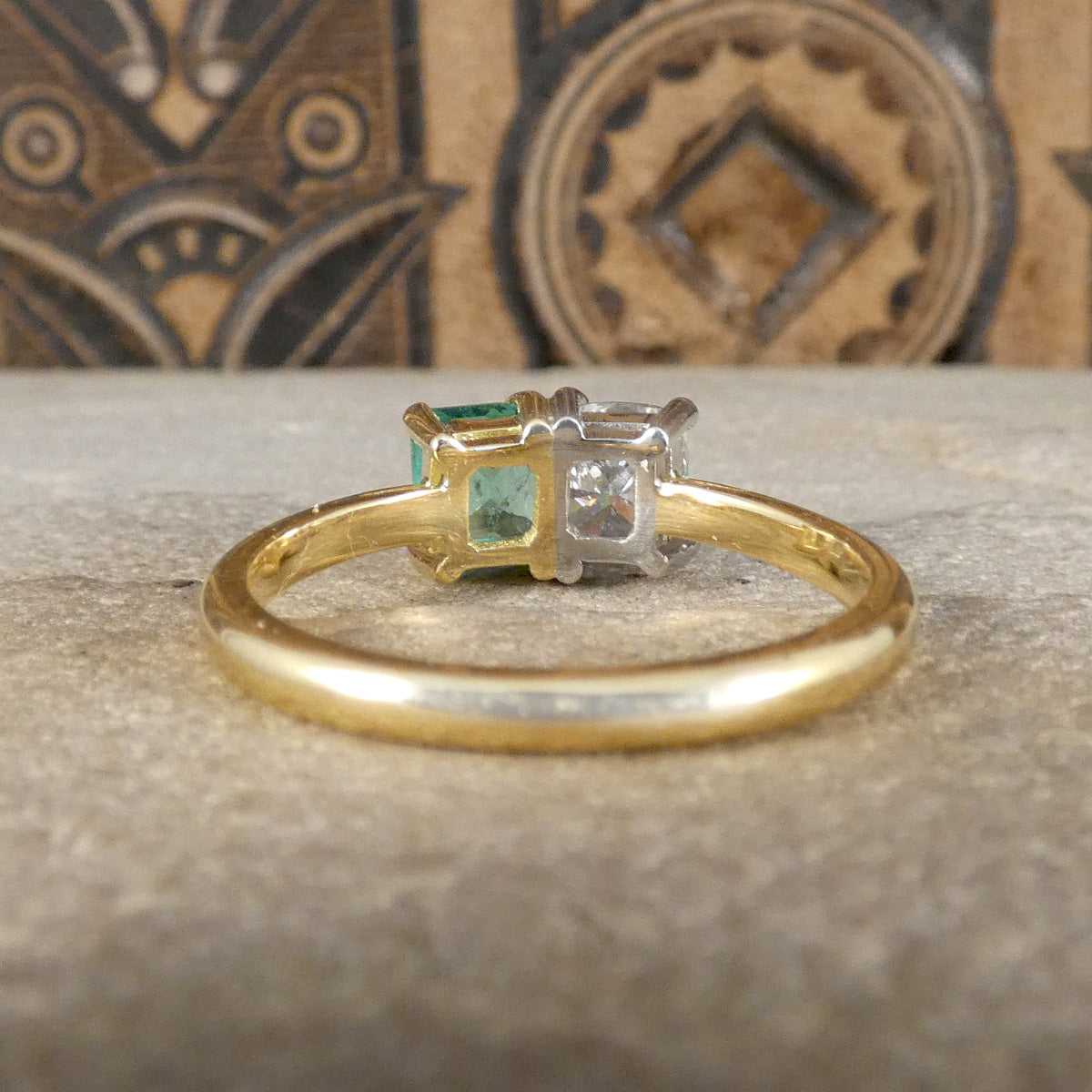 Back view of GIA Cushion Cut Diamond and Emerald Toi et Moi Ring in 18ct Yellow Gold and Platinum.