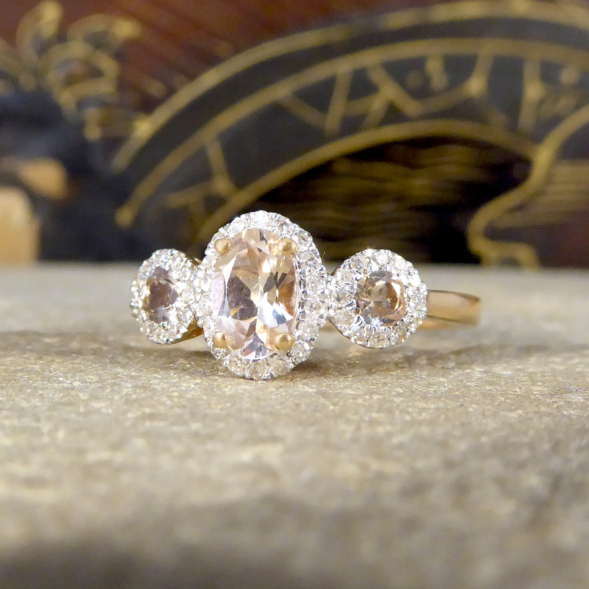 Morganite and Diamond Triple Cluster Ring in Rose Gold