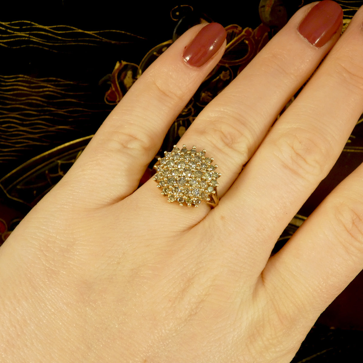 Champagne Tinted Diamond Cluster Cocktail Ring in Yellow Gold with a total diamond weight of approximately 1.50ct sparkling from every angle. Shown on hand to see size and shape reference.