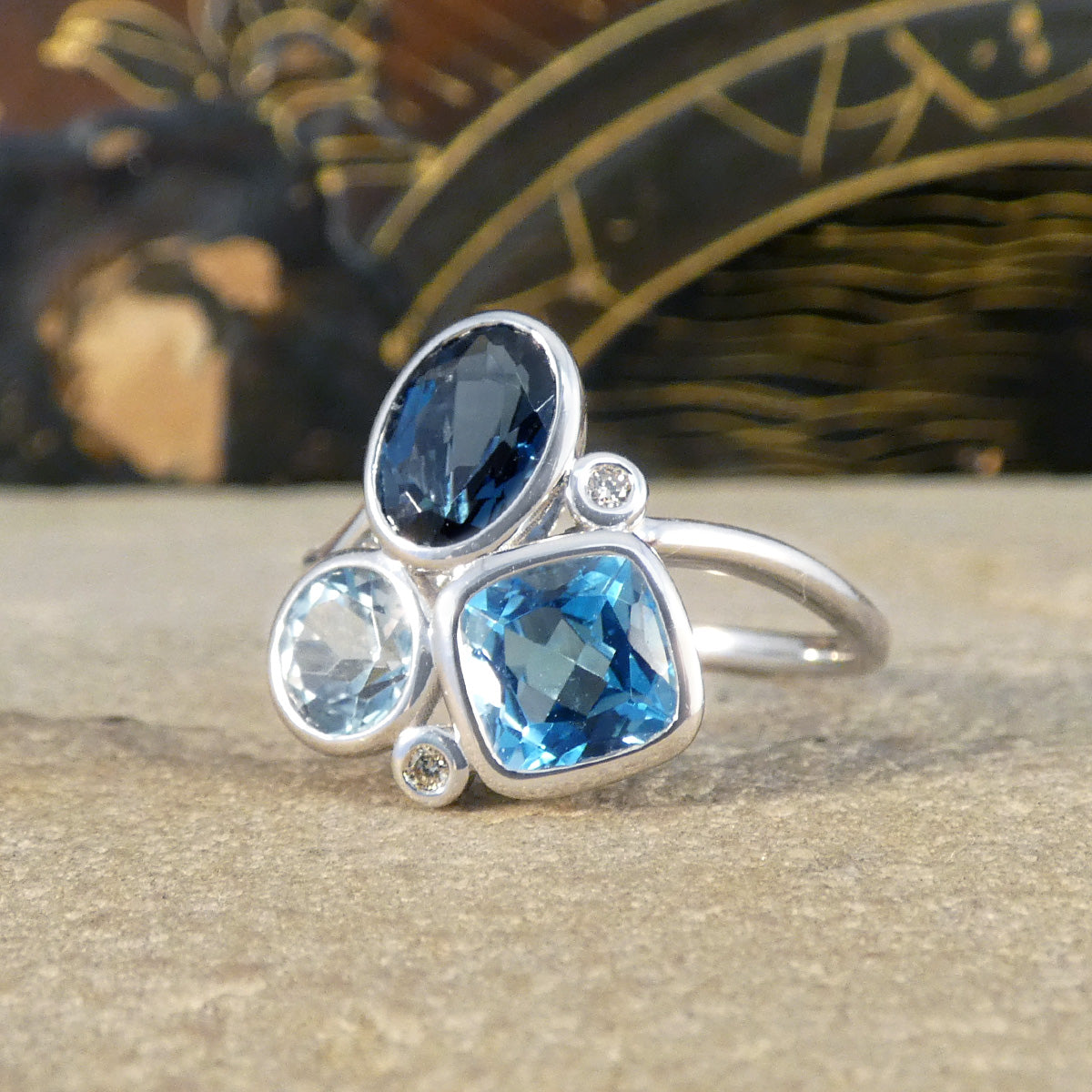 Trio of Blue Topaz and Diamond Cocktail Ring in White Gold