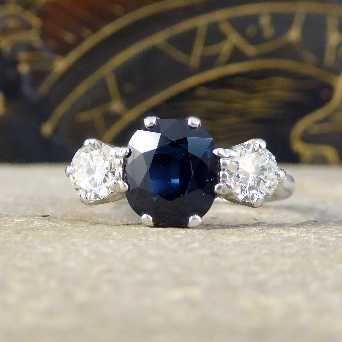 C1920s Deep Sapphire and Diamond Trilogy Ring in 18ct White Gold and Platinum