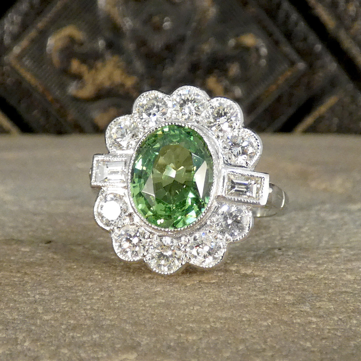 Edwardian Style 2.51ct Green Garnet and 1.20ct Diamond Cluster Ring in Platinum