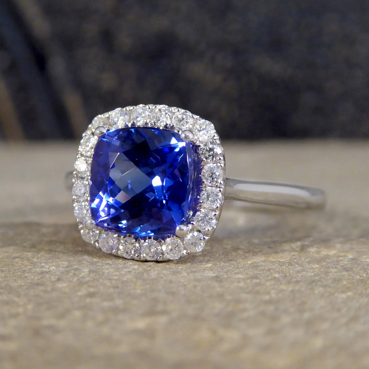 Cushion Cut Tanzanite and Diamond Cluster Ring in White Gold