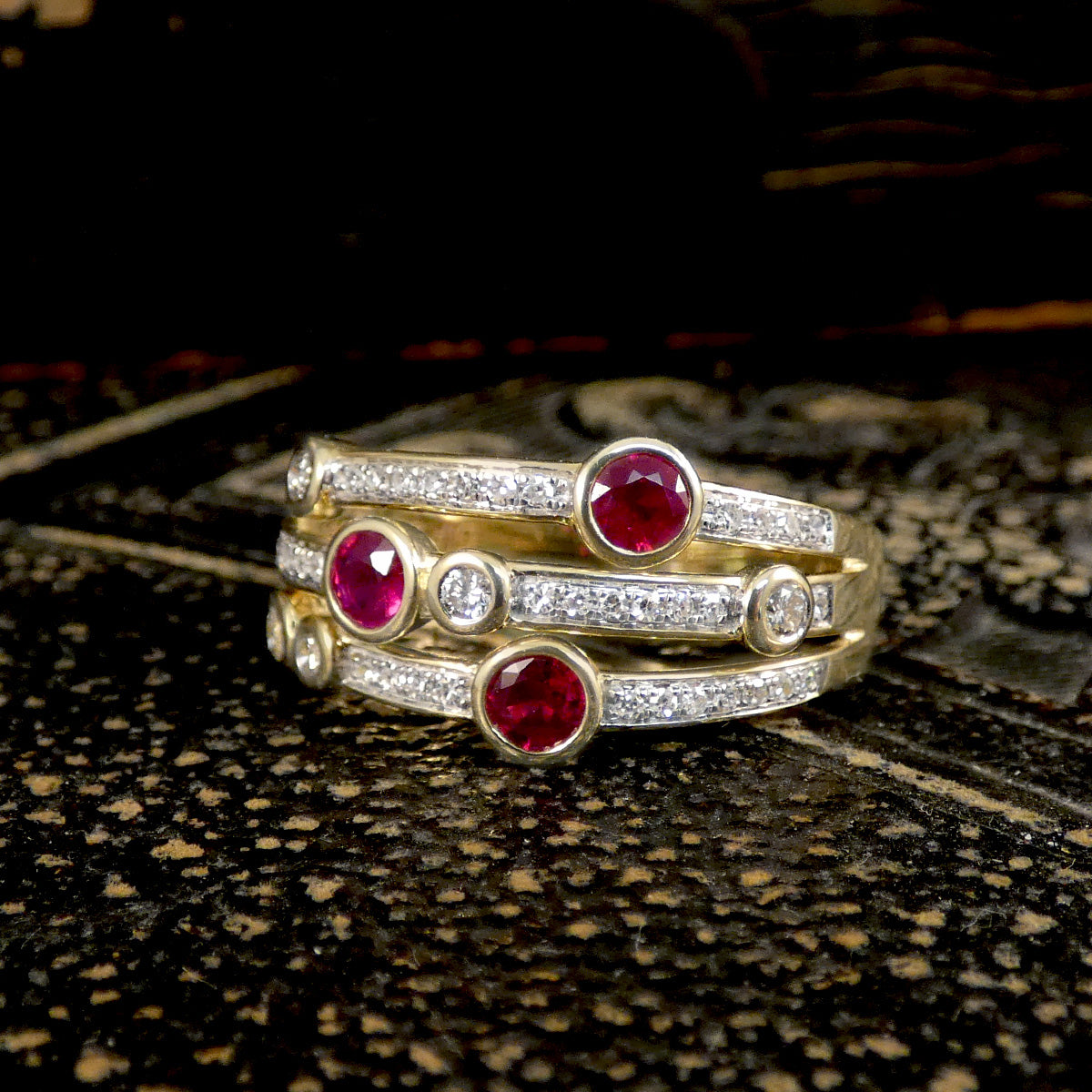 Ruby and Diamond Bubble Style Ring in Yellow Gold