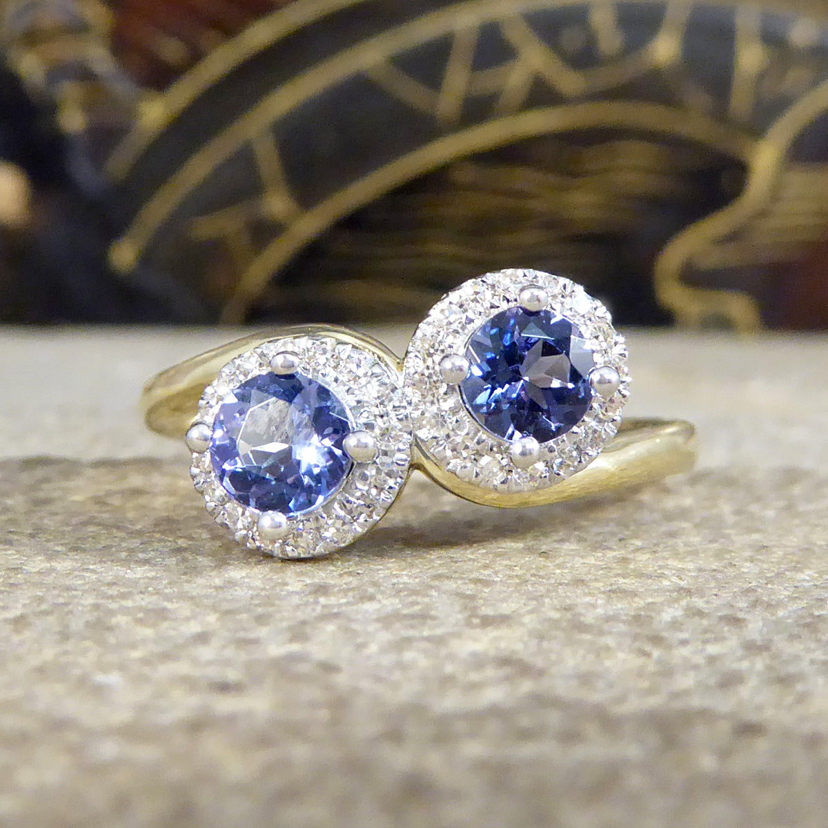 Edwardian Style Tanzanite and Diamond Cluster Toi Et Moi Twist Ring in Yellow and White Gold