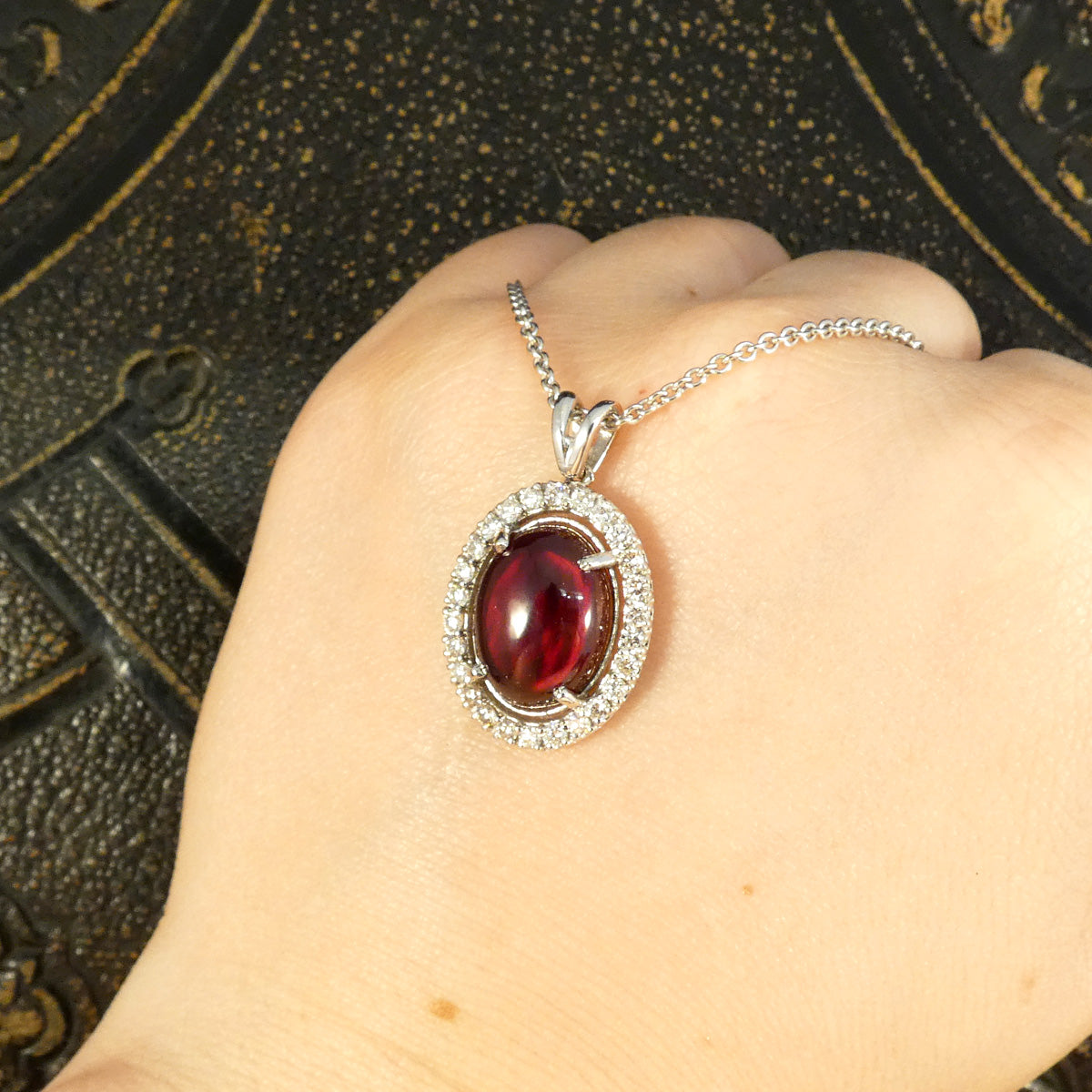 Cabochon Garnet and Diamond Halo Pendant Necklace in 18ct White Gold