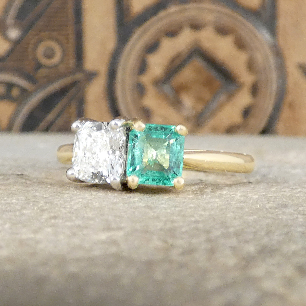 GIA Cushion Cut Diamond and Emerald Toi et Moi Ring in 18ct Yellow Gold and Platinum