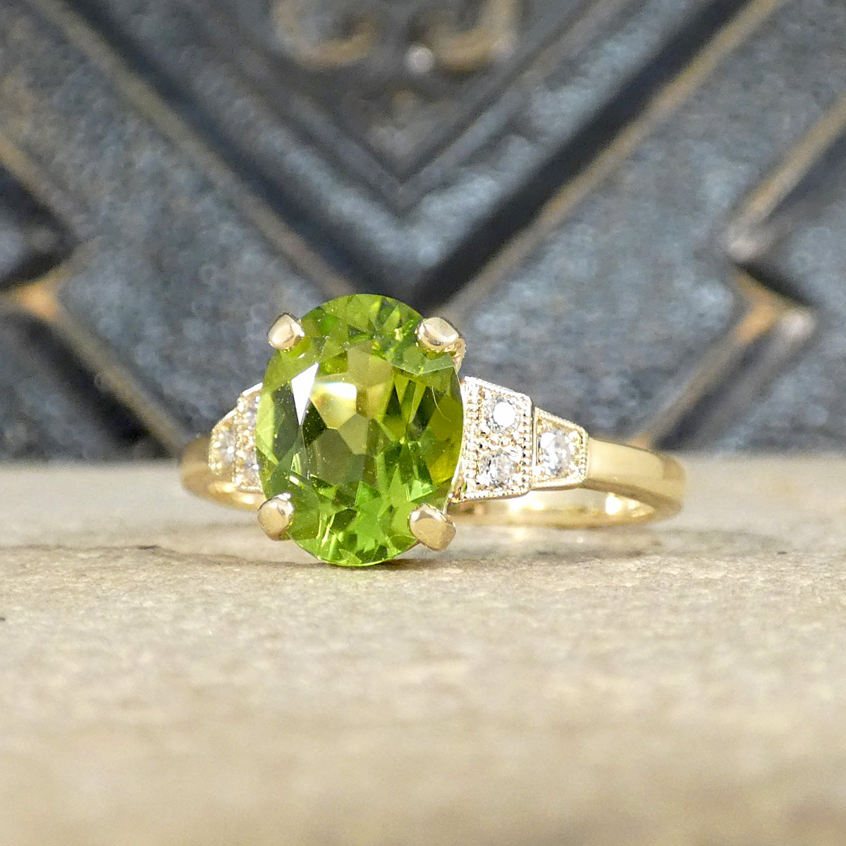 Art Deco Inspired Peridot and Diamond Ring in Yellow Gold