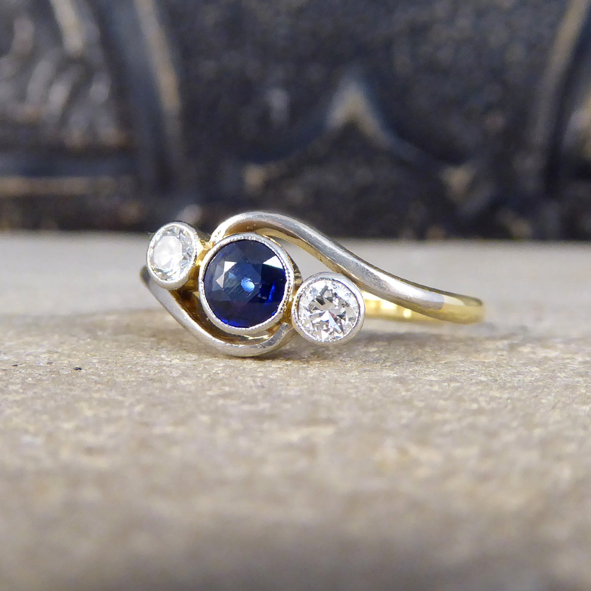 Edwardian Sapphire & Diamond Three Stone Crossover Ring in 18ct Gold and Platinum