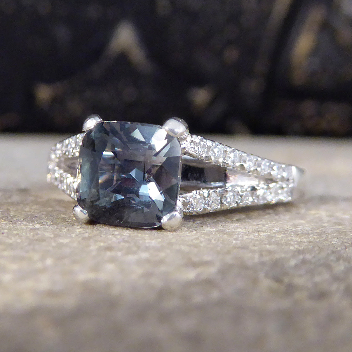 Teal Sapphire and Diamond set Split Shoulders in Platinum