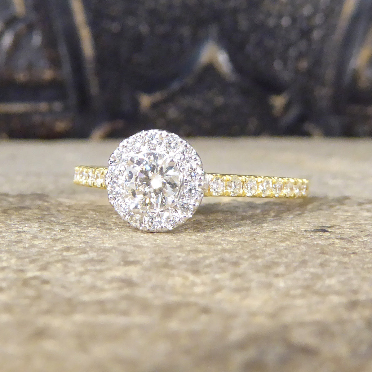 Diamond Cluster Halo Engagement Wedfit Ring with Diamond Shoulders in 18ct Yellow and White Gold