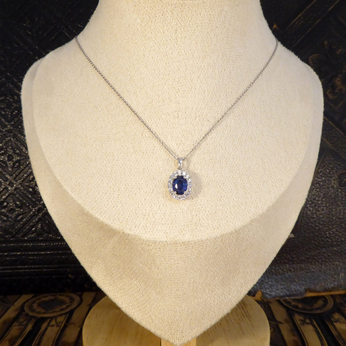 Sapphire and Diamond Cluster Pendant Necklace in 18ct White Gold