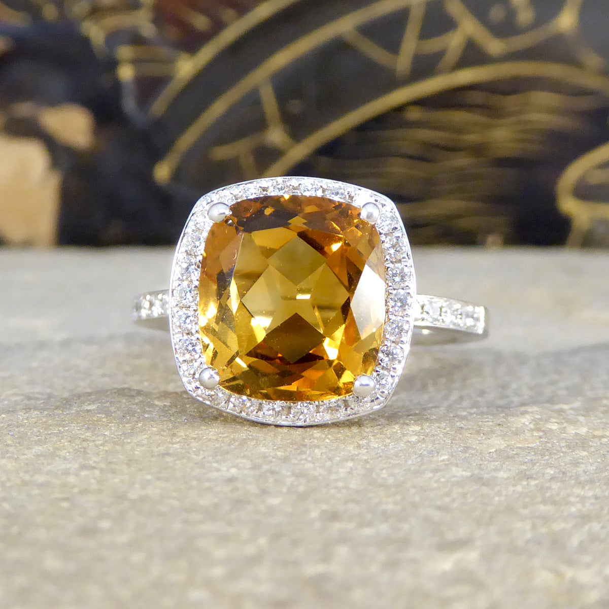 Firey 3.80ct Cushioned Citrene and Diamond Cluster Ring with Diamond Shoulders in 18ct White Gold