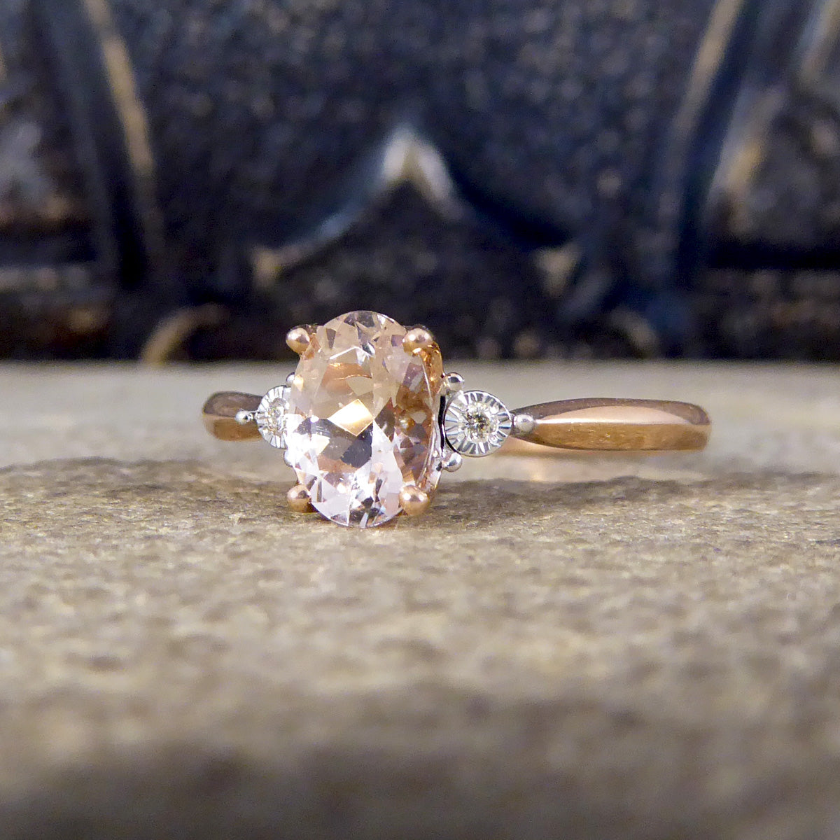Oval Cut Pink Morganite and Diamond Illusion set Three Stone Ring in Rose and White Gold