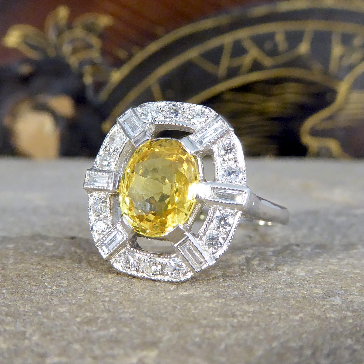 Art Deco Inspired Yellow Sapphire and Diamond Sunshine Cluster Ring in Platinum