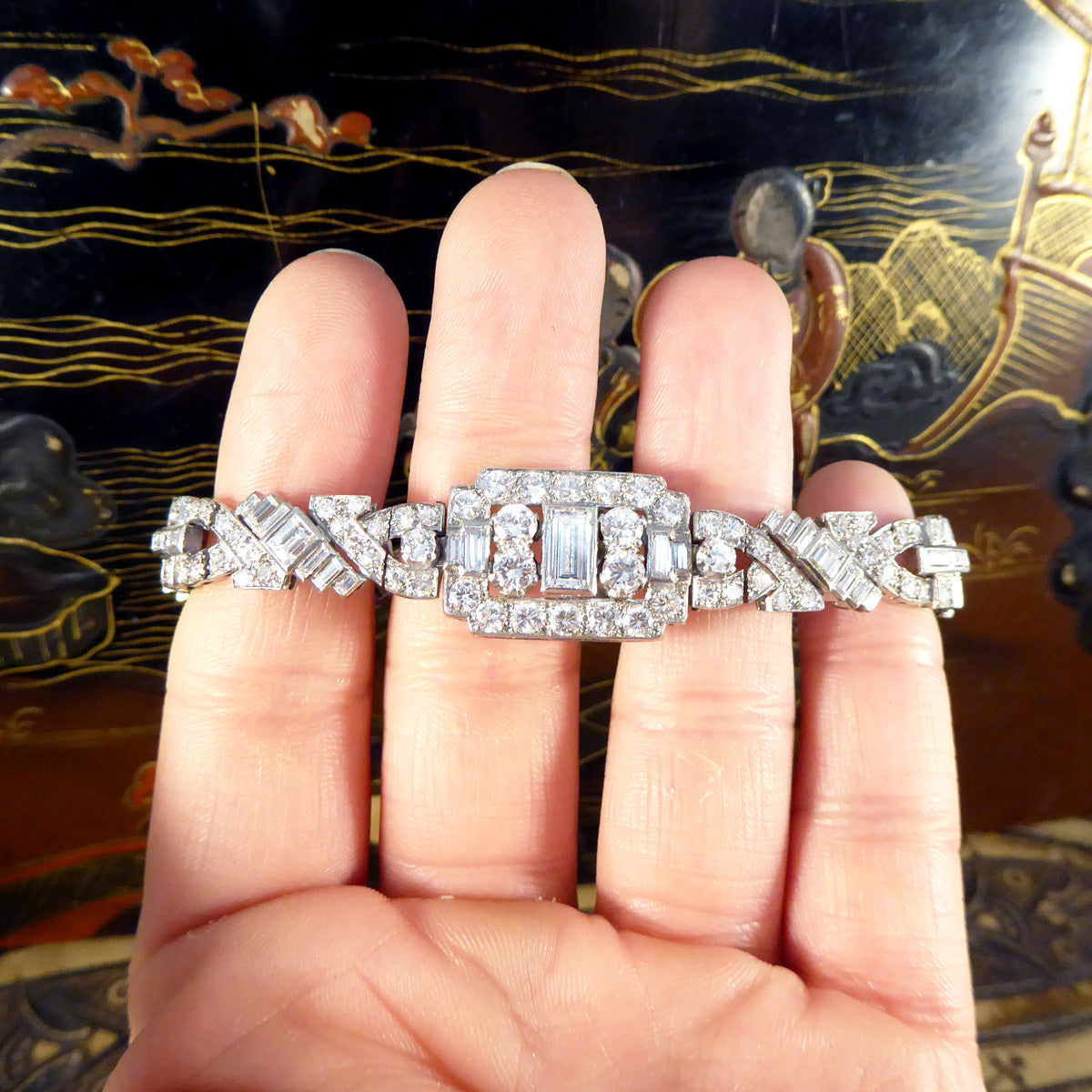 Art Deco 10.38ct Diamond Panel Bracelet in Platinum in Original Antique Box