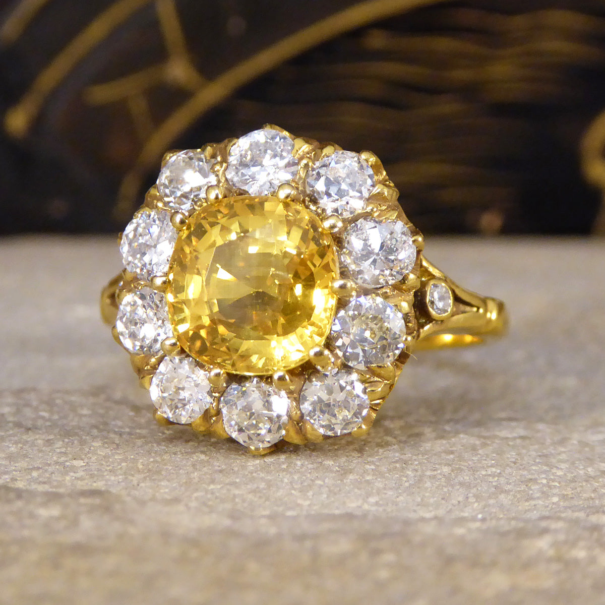 Antique Inspired 2.60ct Yellow Sapphire and Old Cut Diamond Cluster Ring in 18ct Yellow Gold