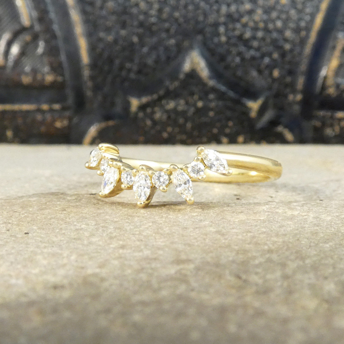 Alternating Marquise and Brilliant Cut Diamond Curved Crown in 18ct Yellow Gold.