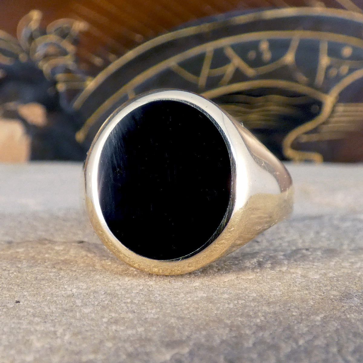 Oval Faced Onyx Set Signet Ring in 9ct Yellow Gold