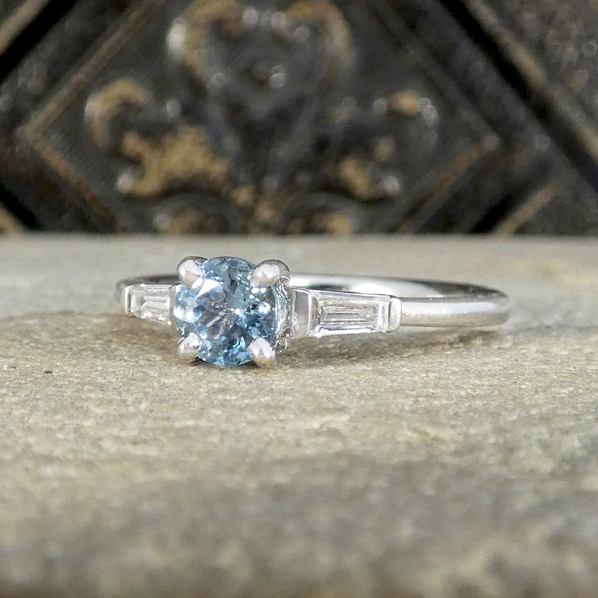 Aquamarine Solitaire with Tapered Baguette Diamond Shoulders in 18ct White Gold