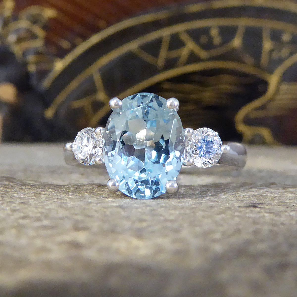 Classic 1.93ct Oval Cut Aquamarine and Diamond Three Stone Ring in Platinum