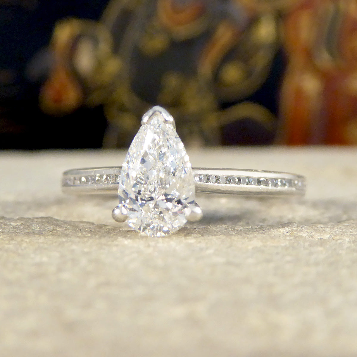 GIA Cert Pear Cut Diamond Engagement Ring with Diamond Shoulder in Platinum