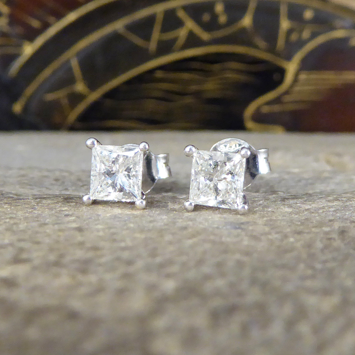 Princess Cut Diamond Stud Earrings Weighing 0.91ct in 18ct White Gold