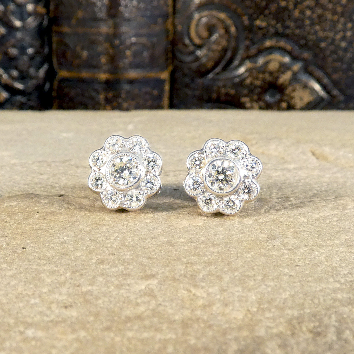 Edwardian Style Diamond Flower Cluster Stud Earrings in 18ct White Gold