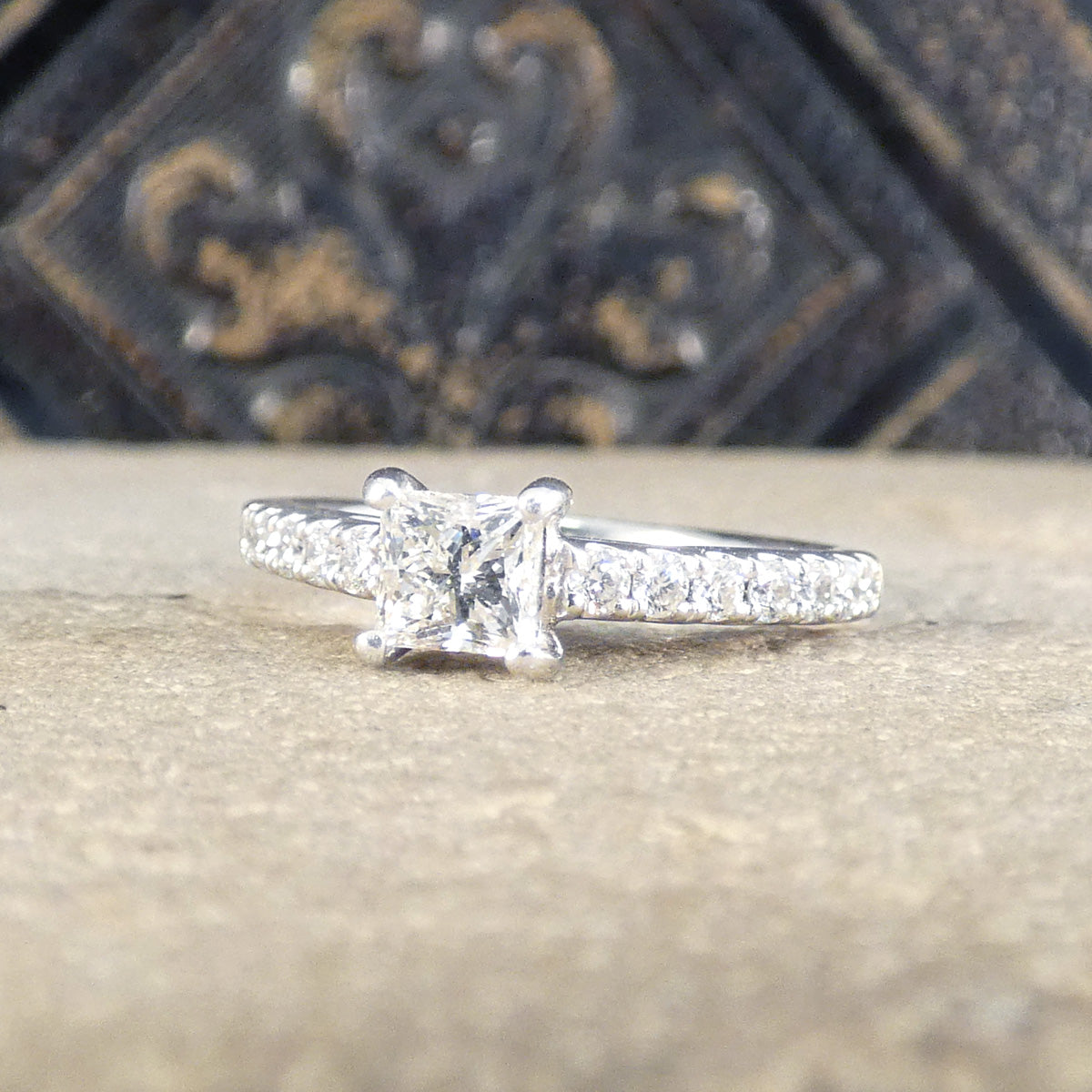 Princess Cut Diamond Solitaire Engagement Ring with Diamond Set Shoulders in Platinum