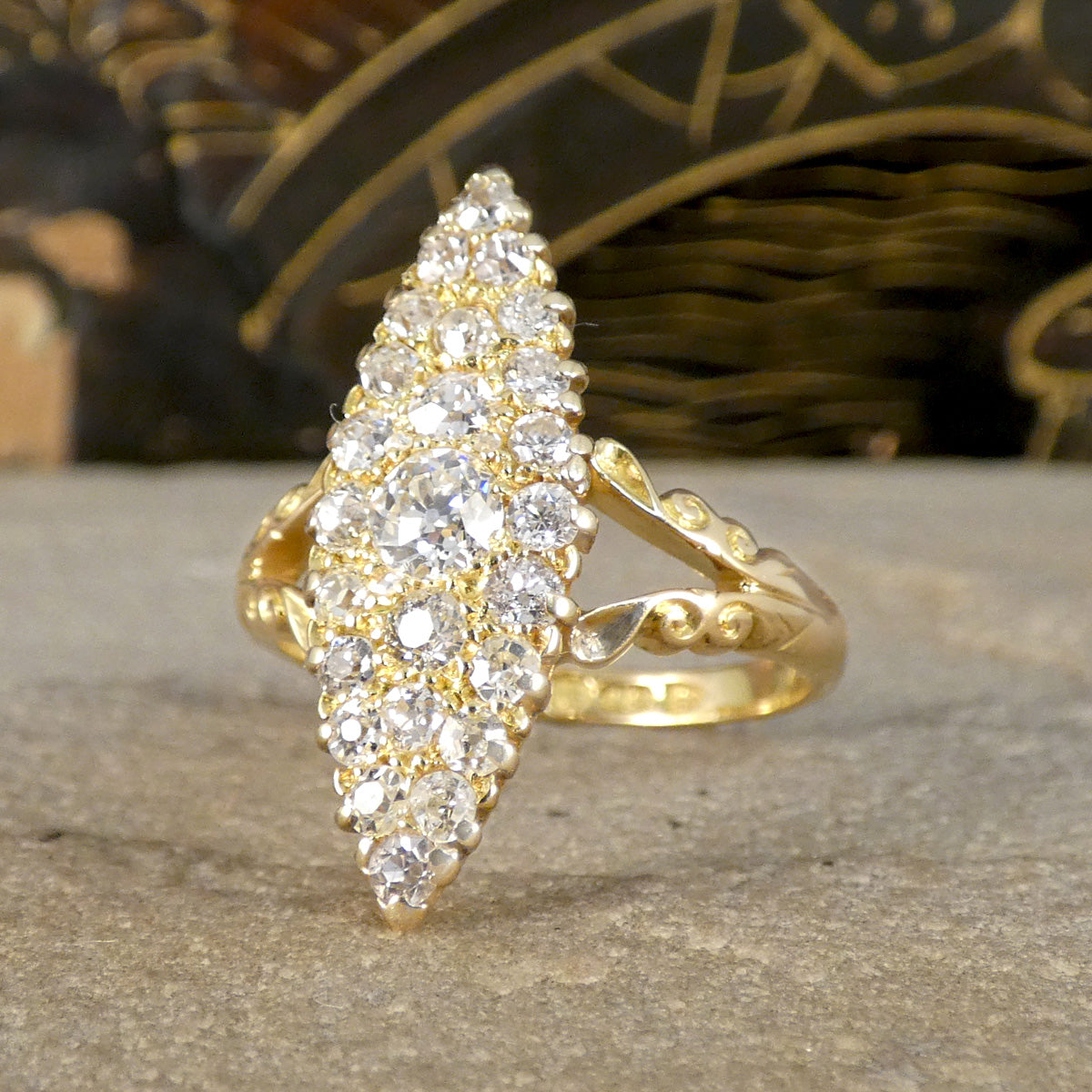 C1900 Antique Diamond Navette Marquise Cluster Ring in 18ct Yellow Gold